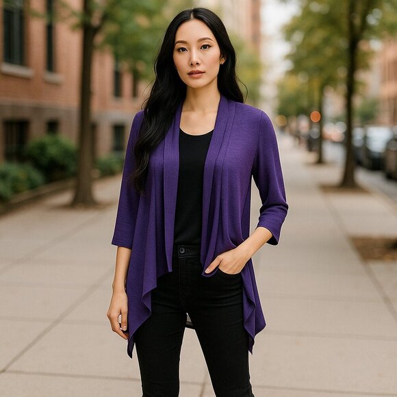 PerSeption Petite SZ MP Purple Open-front Relaxed Draped Asymmetrical Cardigan - Picture 1 of 7